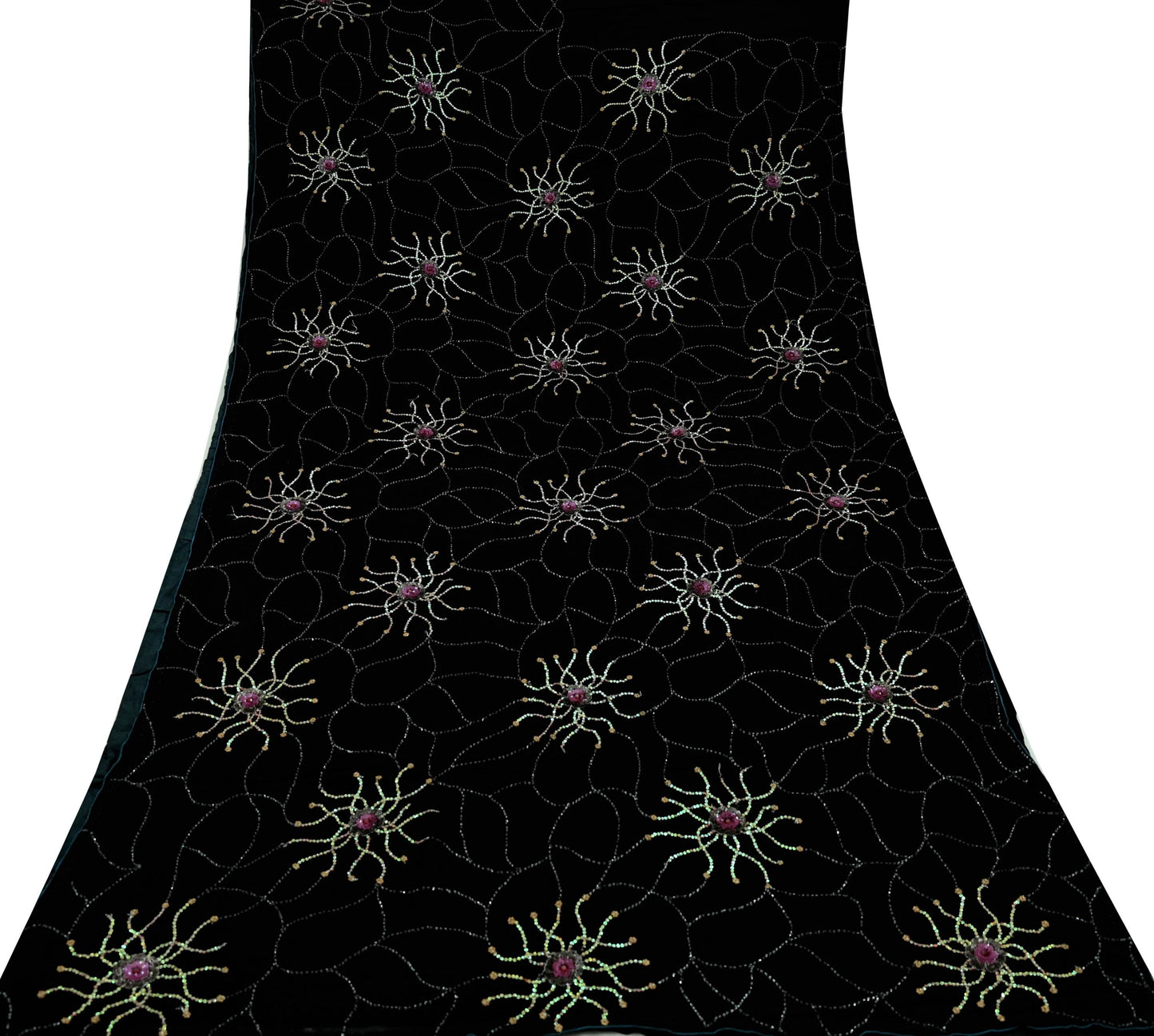 Indian Vintage Sari Black Hand Embroidered Pure Georgette Silk Sarees Craft Fabric 5Yd Sequins Wedding Sarees Quilting Crafting Upcycle