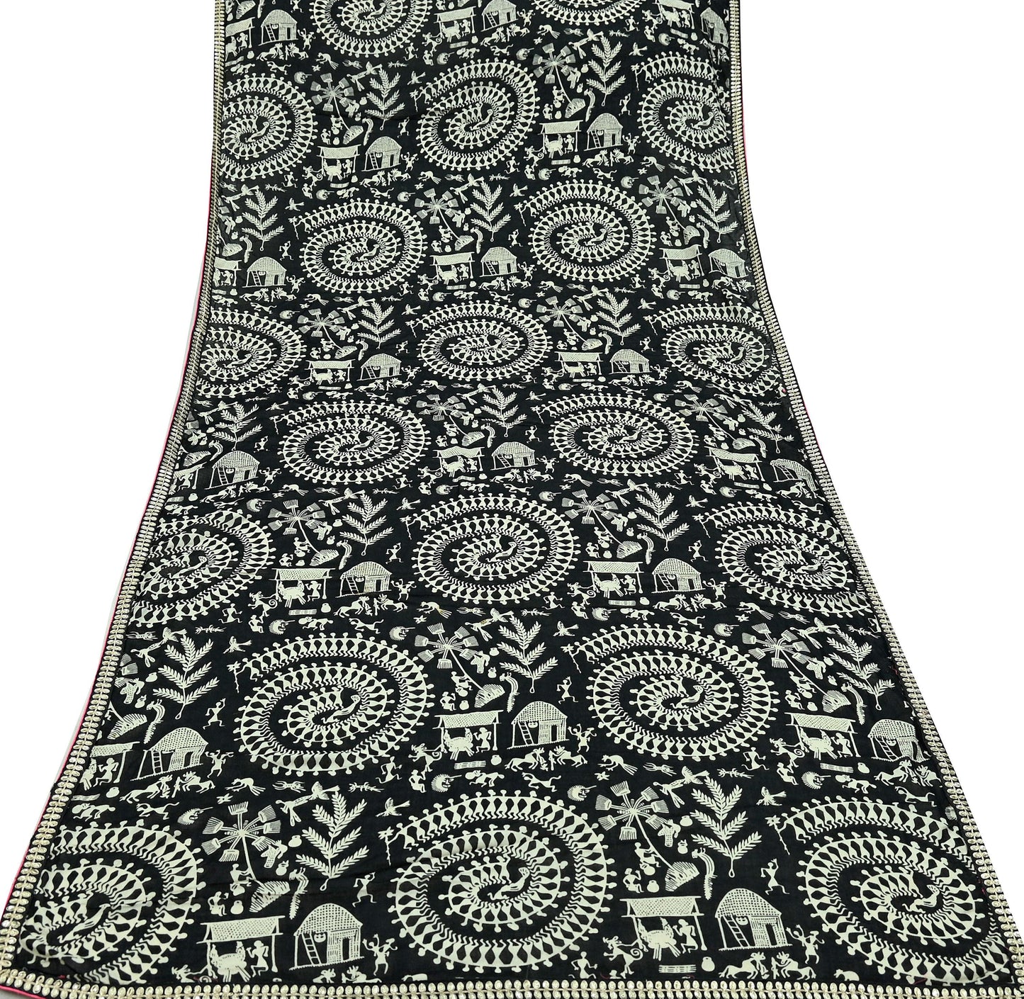 Indian Vintage Black Dupatta Long Stole Embroidered Warli Printed Pure Cotton Scarf Veil Soft Border Work