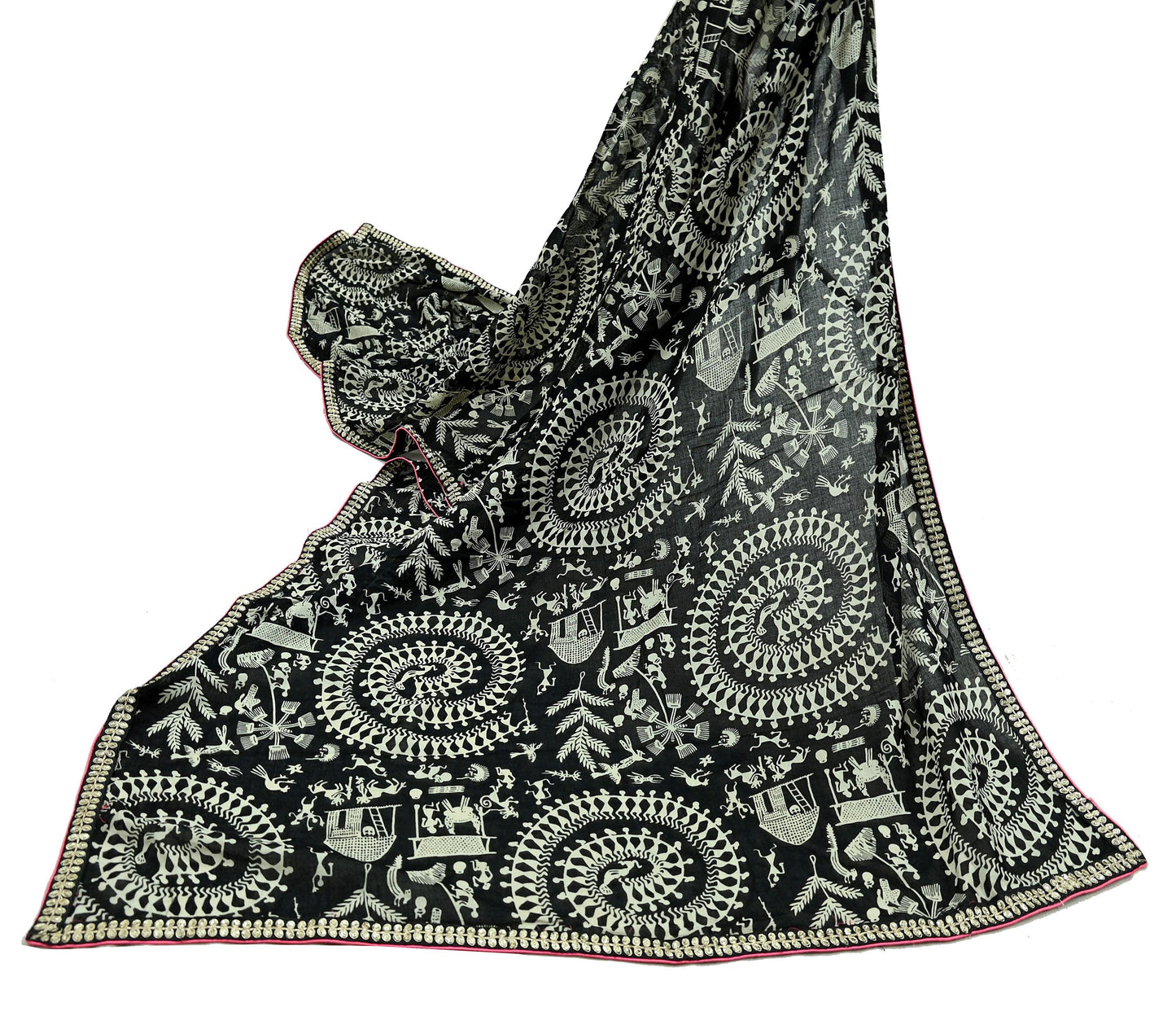 Indian Vintage Black Dupatta Long Stole Embroidered Warli Printed Pure Cotton Scarf Veil Soft Border Work