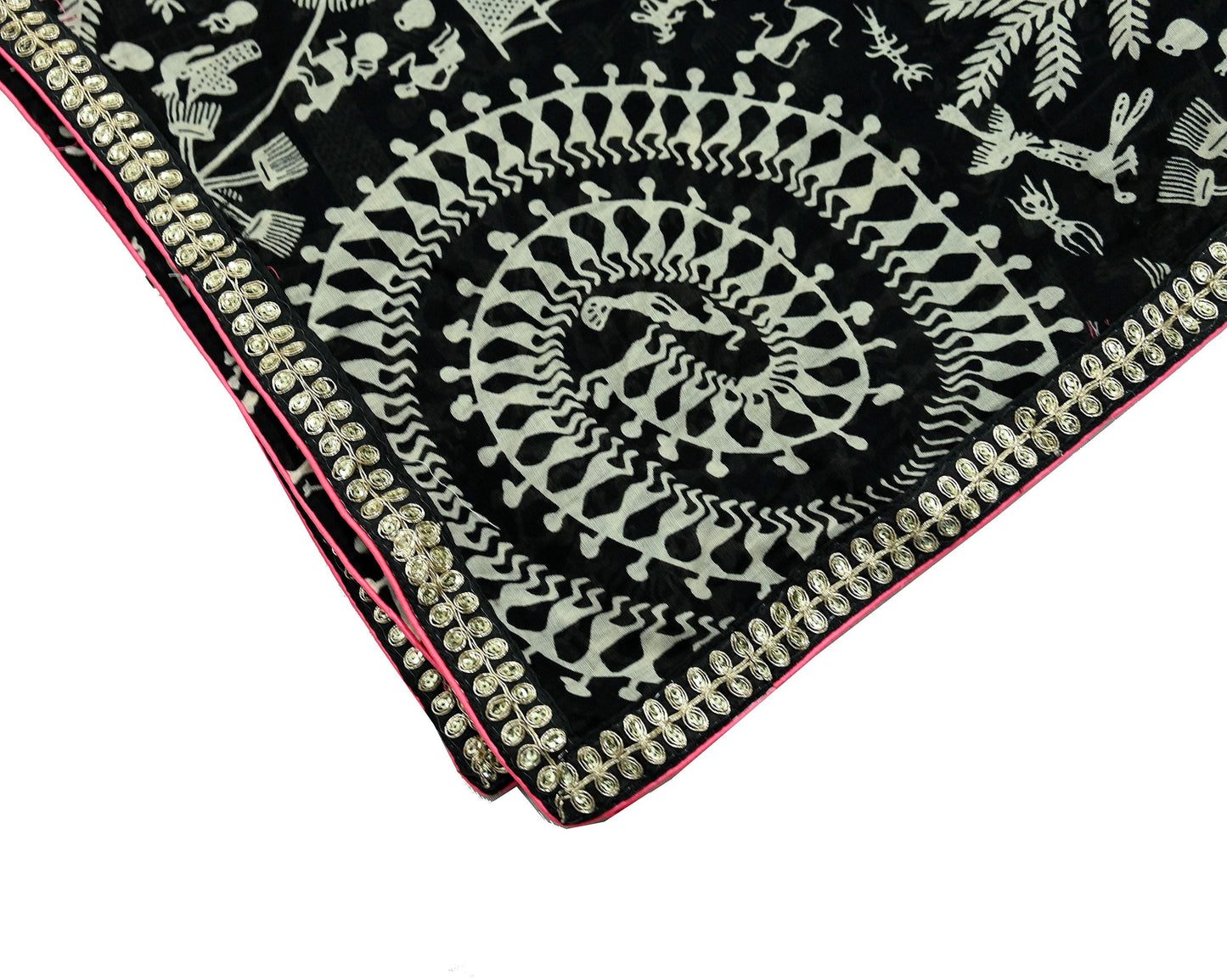 Indian Vintage Black Dupatta Long Stole Embroidered Warli Printed Pure Cotton Scarf Veil Soft Border Work