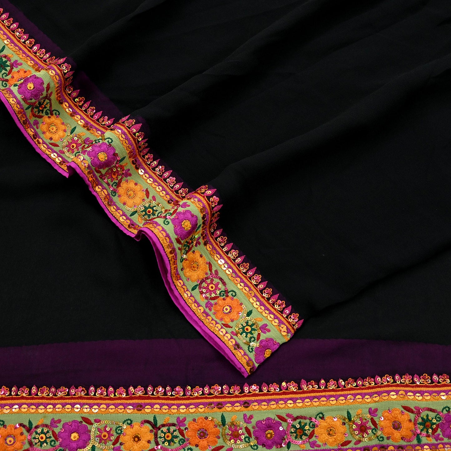 Indian Vintage Dupatta Black Pure Georgette silk Long Stole Embroidered Scarves Veil Wrap Sequins Boho