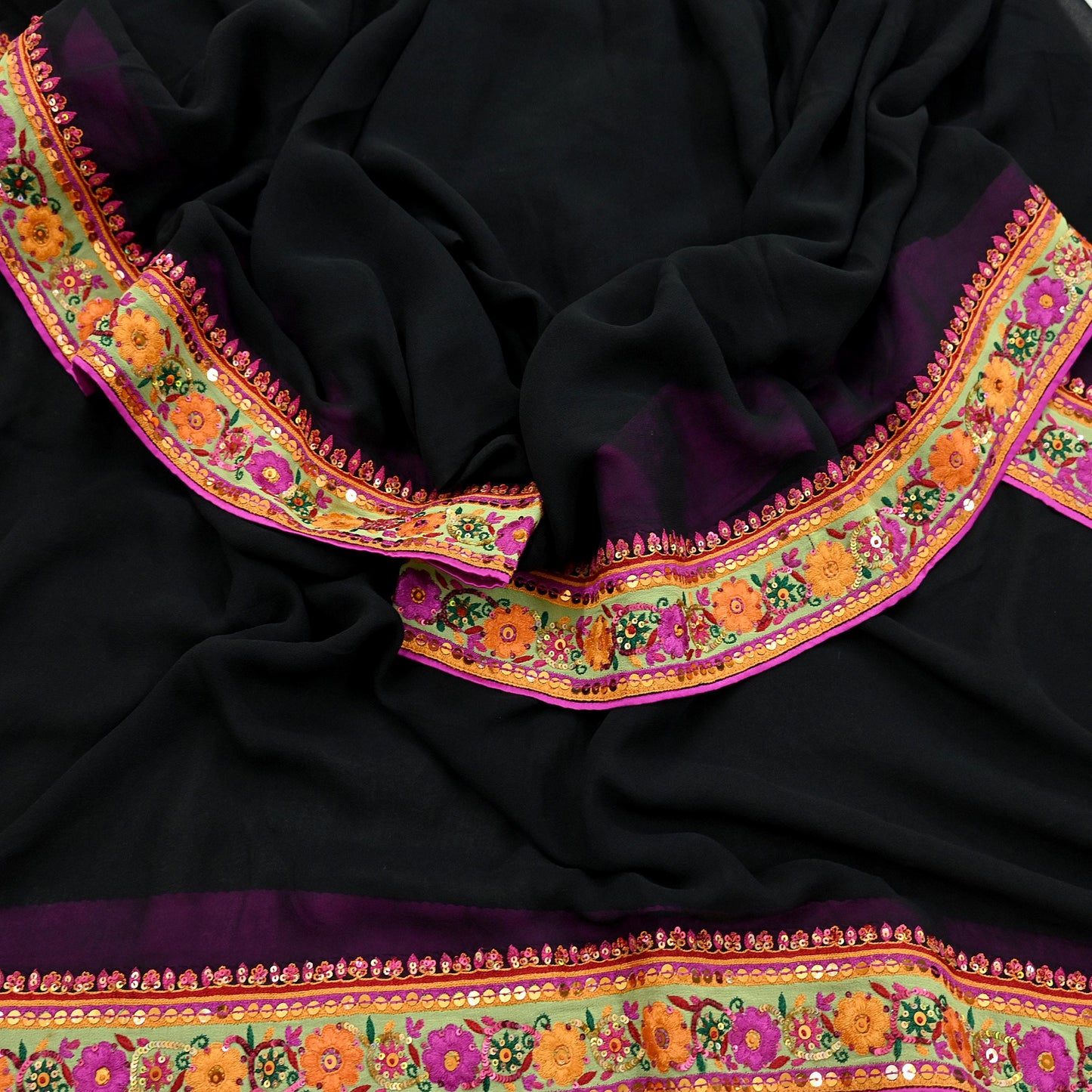 Indian Vintage Dupatta Black Pure Georgette silk Long Stole Embroidered Scarves Veil Wrap Sequins Boho