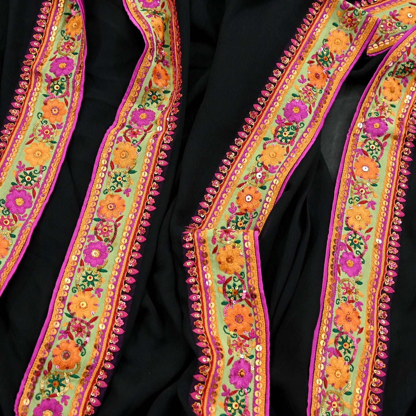 Indian Vintage Dupatta Black Pure Georgette silk Long Stole Embroidered Scarves Veil Wrap Sequins Boho