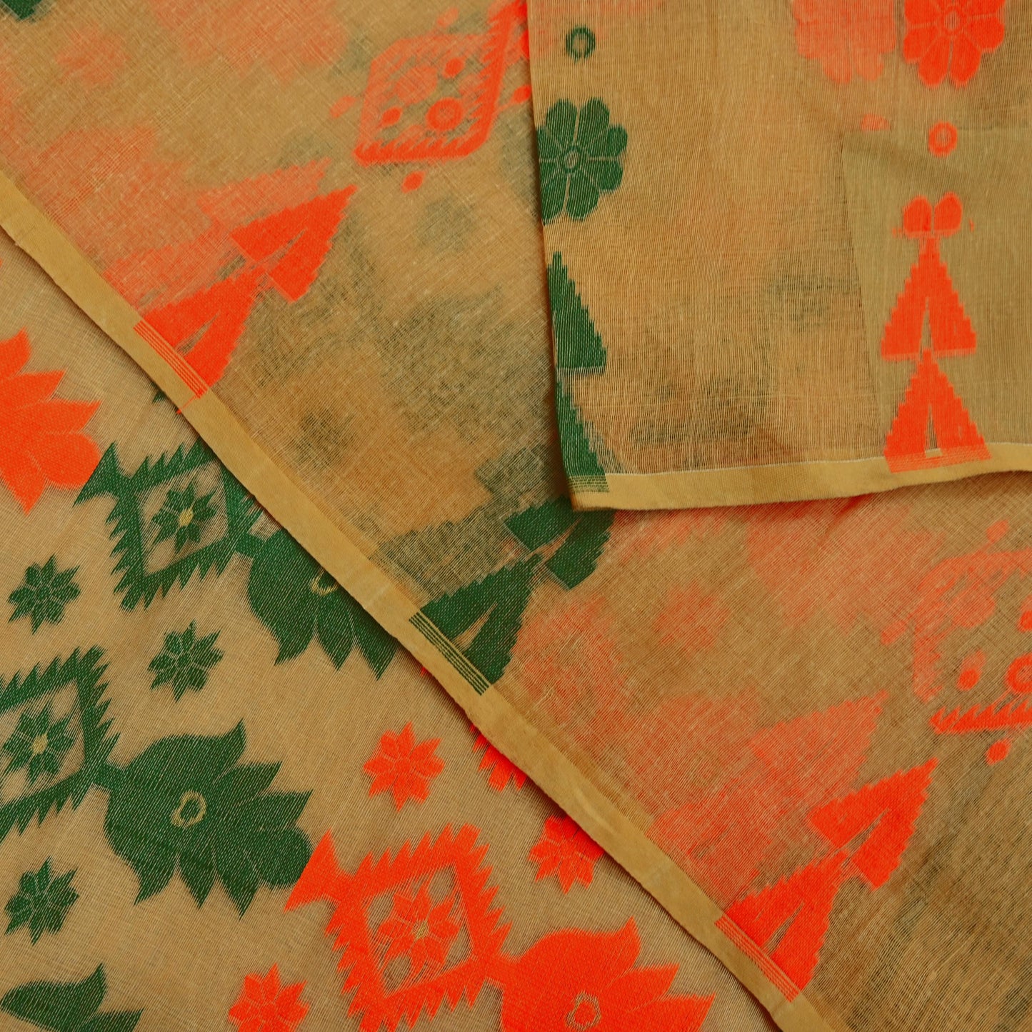 Indian Vintage Sarees Beige Pure Cotton Hand Woven Jamdani Sari 5yd Ethnic Floral Craft Fabric Dress making Upcycle Crafting Quilting