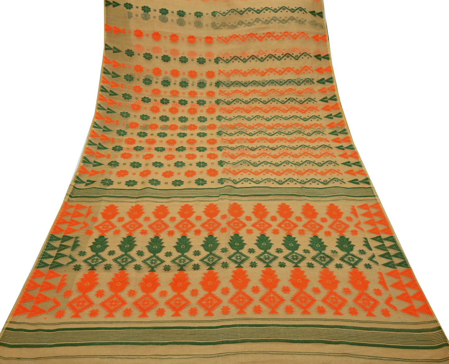 Indian Vintage Sarees Beige Pure Cotton Hand Woven Jamdani Sari 5yd Ethnic Floral Craft Fabric Dress making Upcycle Crafting Quilting
