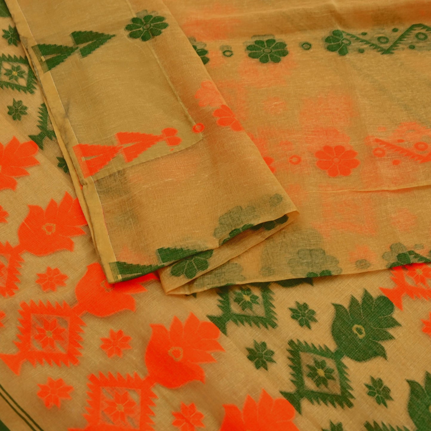 Indian Vintage Sarees Beige Pure Cotton Hand Woven Jamdani Sari 5yd Ethnic Floral Craft Fabric Dress making Upcycle Crafting Quilting