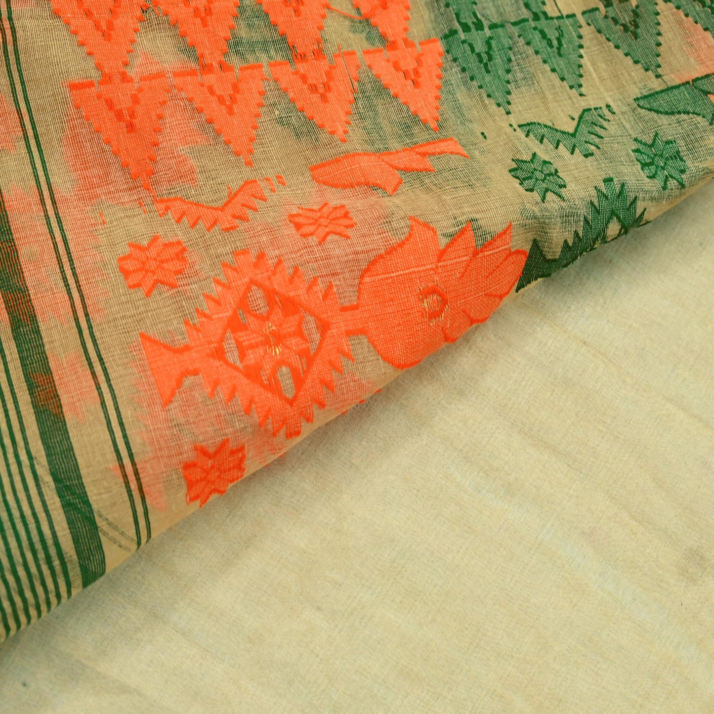 Indian Vintage Sarees Beige Pure Cotton Hand Woven Jamdani Sari 5yd Ethnic Floral Craft Fabric Dress making Upcycle Crafting Quilting