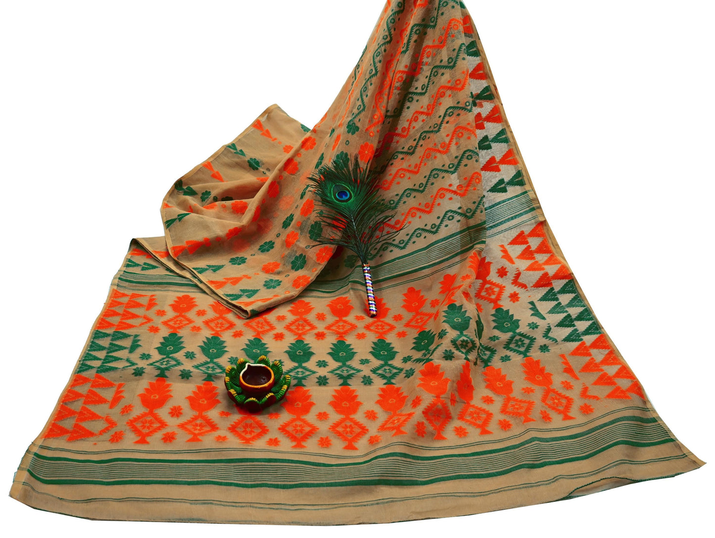 Indian Vintage Sarees Beige Pure Cotton Hand Woven Jamdani Sari 5yd Ethnic Floral Craft Fabric Dress making Upcycle Crafting Quilting