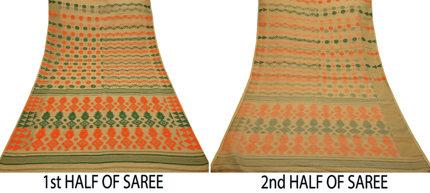 Indian Vintage Sarees Beige Pure Cotton Hand Woven Jamdani Sari 5yd Ethnic Floral Craft Fabric Dress making Upcycle Crafting Quilting