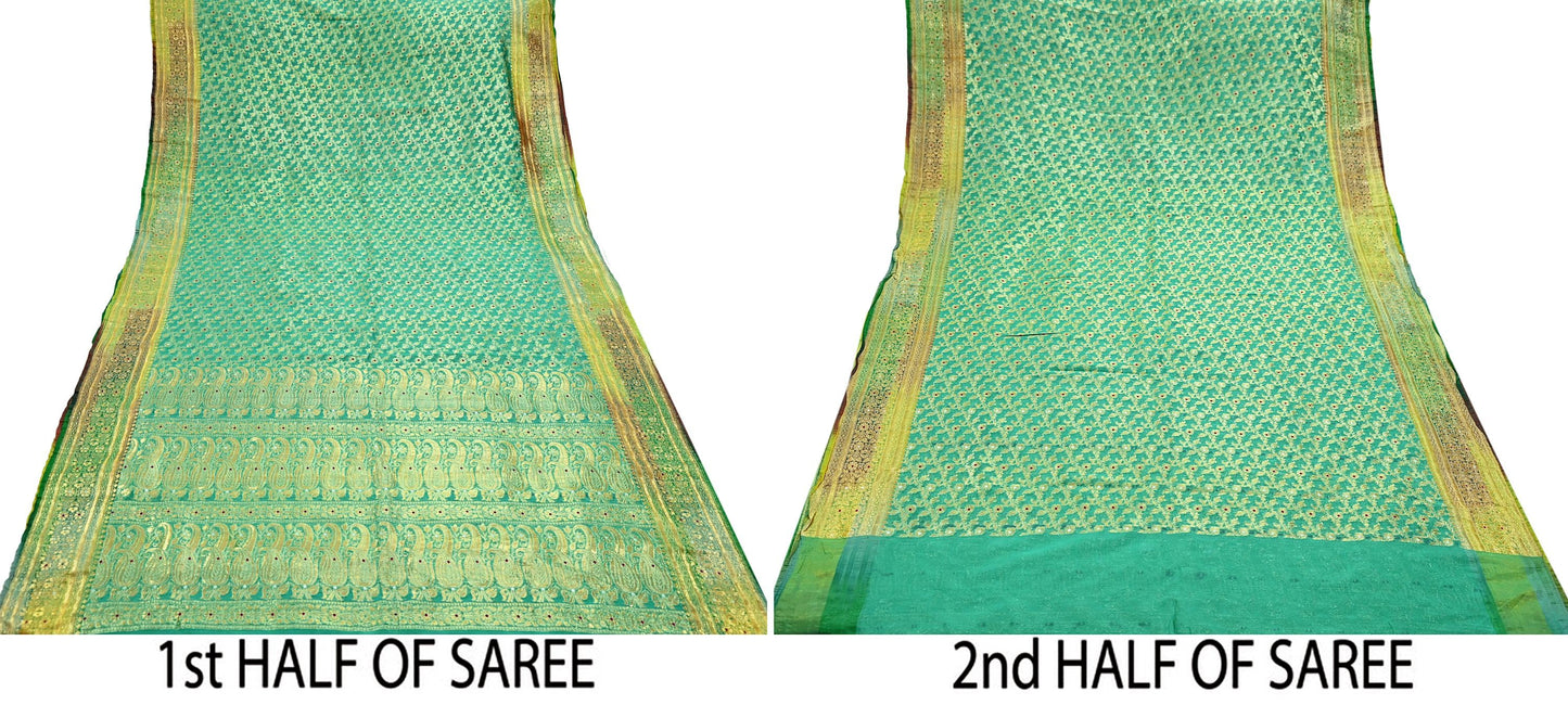 Indian Vintage Sari Heavy Green Pure Organza Silk Woven Brocade Banarasi Sarees Zari 5Yd Ethnic Fabric Dress Making Wedding Sarees