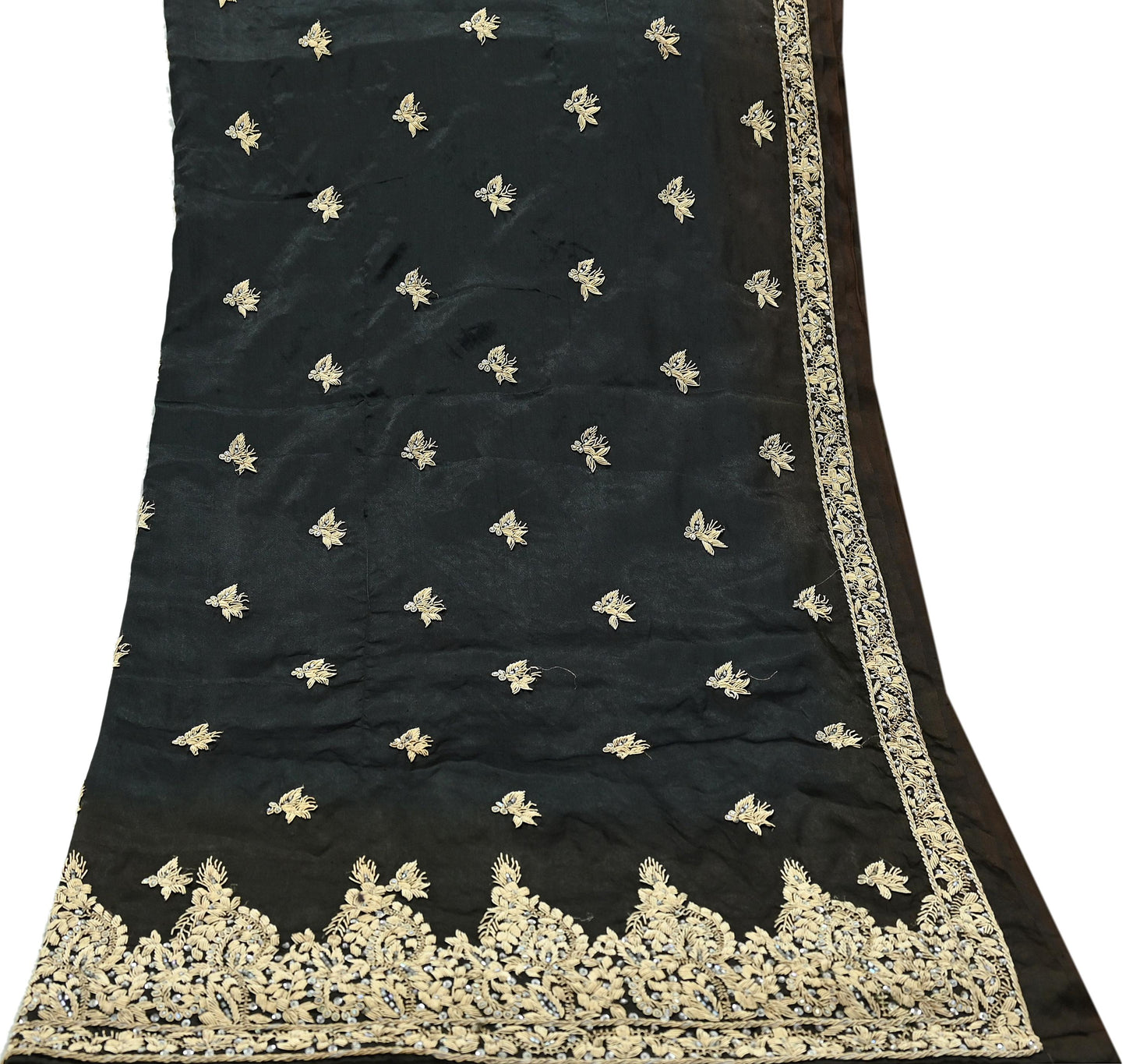 Indian Vintage Heavy Wedding Black & Brown Dupatta Pure Satin Silk Long Stole Hand Embroidered Scarves Golden Zardozi Veil