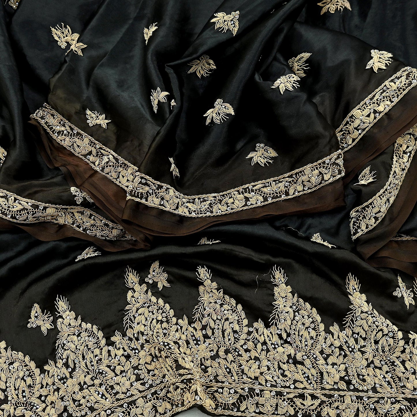 Indian Vintage Heavy Wedding Black & Brown Dupatta Pure Satin Silk Long Stole Hand Embroidered Scarves Golden Zardozi Veil