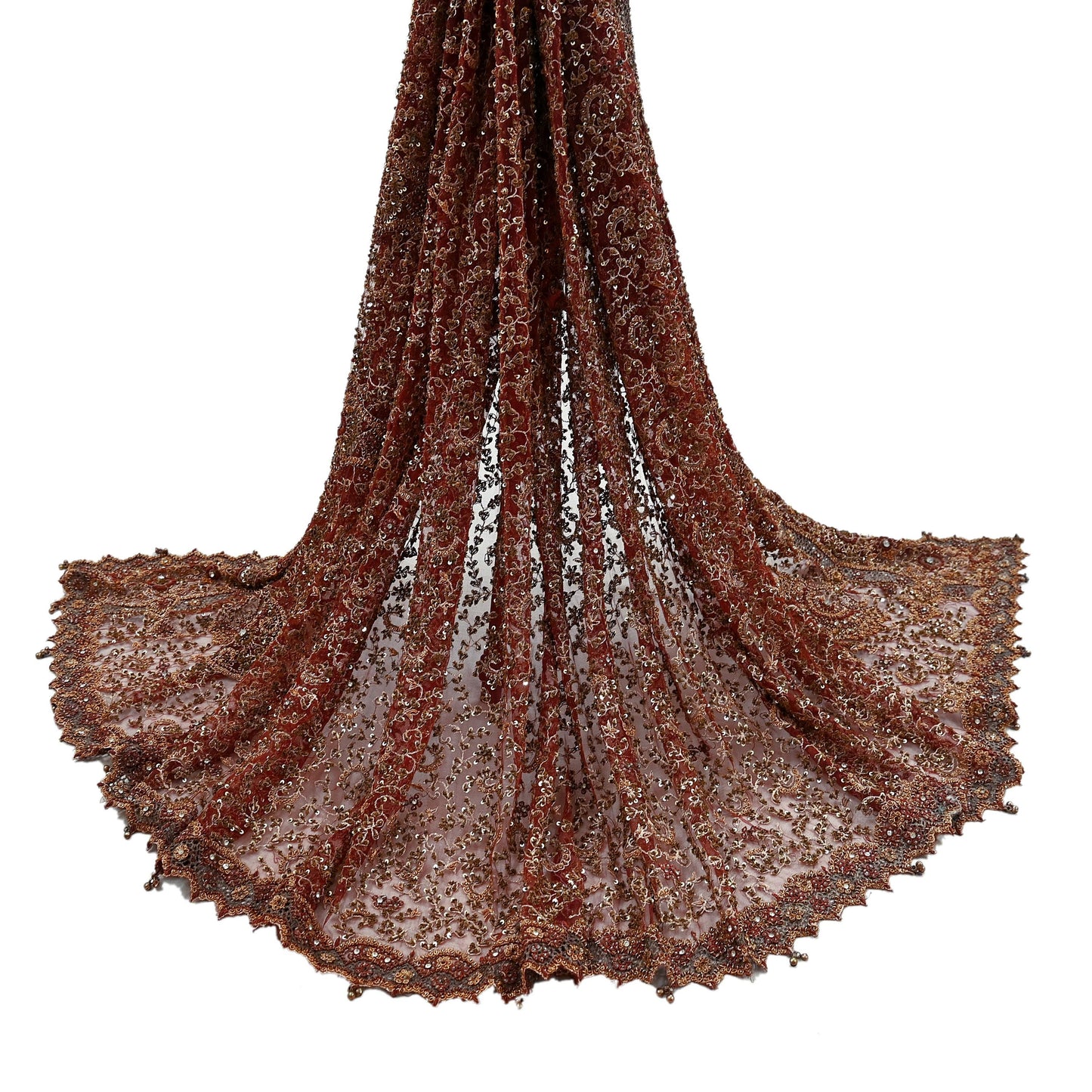 Indian Vintage Heavy Wedding Maroon Dupatta Net Mesh Long Stole Hand Embroidered Scarves Golden Zardozi Zari Sequins Dridal Veil Hijab