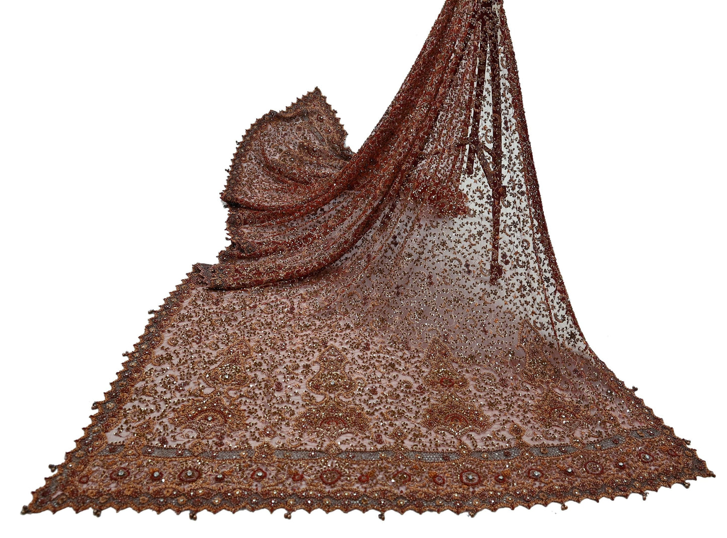 Indian Vintage Heavy Wedding Maroon Dupatta Net Mesh Long Stole Hand Embroidered Scarves Golden Zardozi Zari Sequins Dridal Veil Hijab