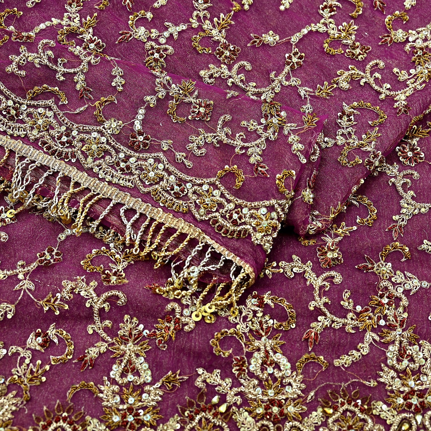 Indian Vintage Heavy Purple Dupatta Net Mesh Long Stole Hand Embroidered Scarves Golden Zardozi Dabka Zari Bridal/Wedding Veil