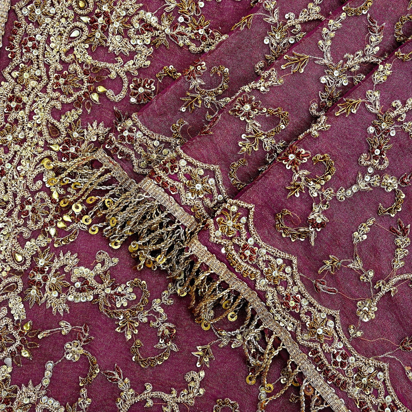 Indian Vintage Heavy Purple Dupatta Net Mesh Long Stole Hand Embroidered Scarves Golden Zardozi Dabka Zari Bridal/Wedding Veil