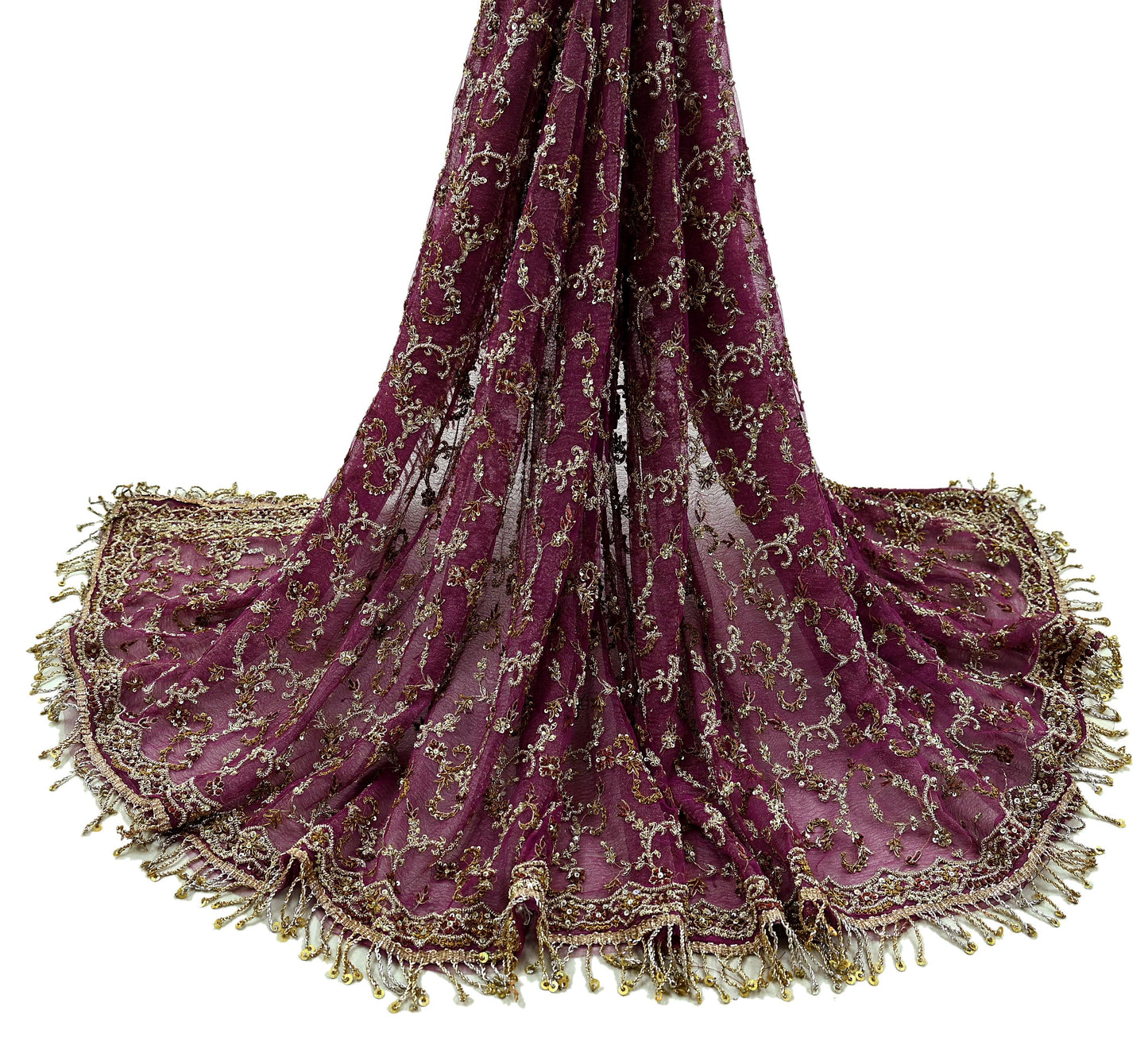 Indian Vintage Heavy Purple Dupatta Net Mesh Long Stole Hand Embroidered Scarves Golden Zardozi Dabka Zari Bridal/Wedding Veil