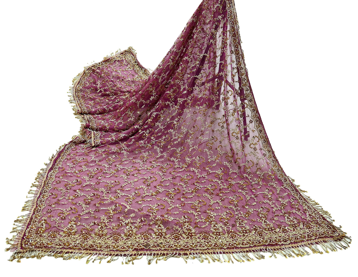 Indian Vintage Heavy Purple Dupatta Net Mesh Long Stole Hand Embroidered Scarves Golden Zardozi Dabka Zari Bridal/Wedding Veil