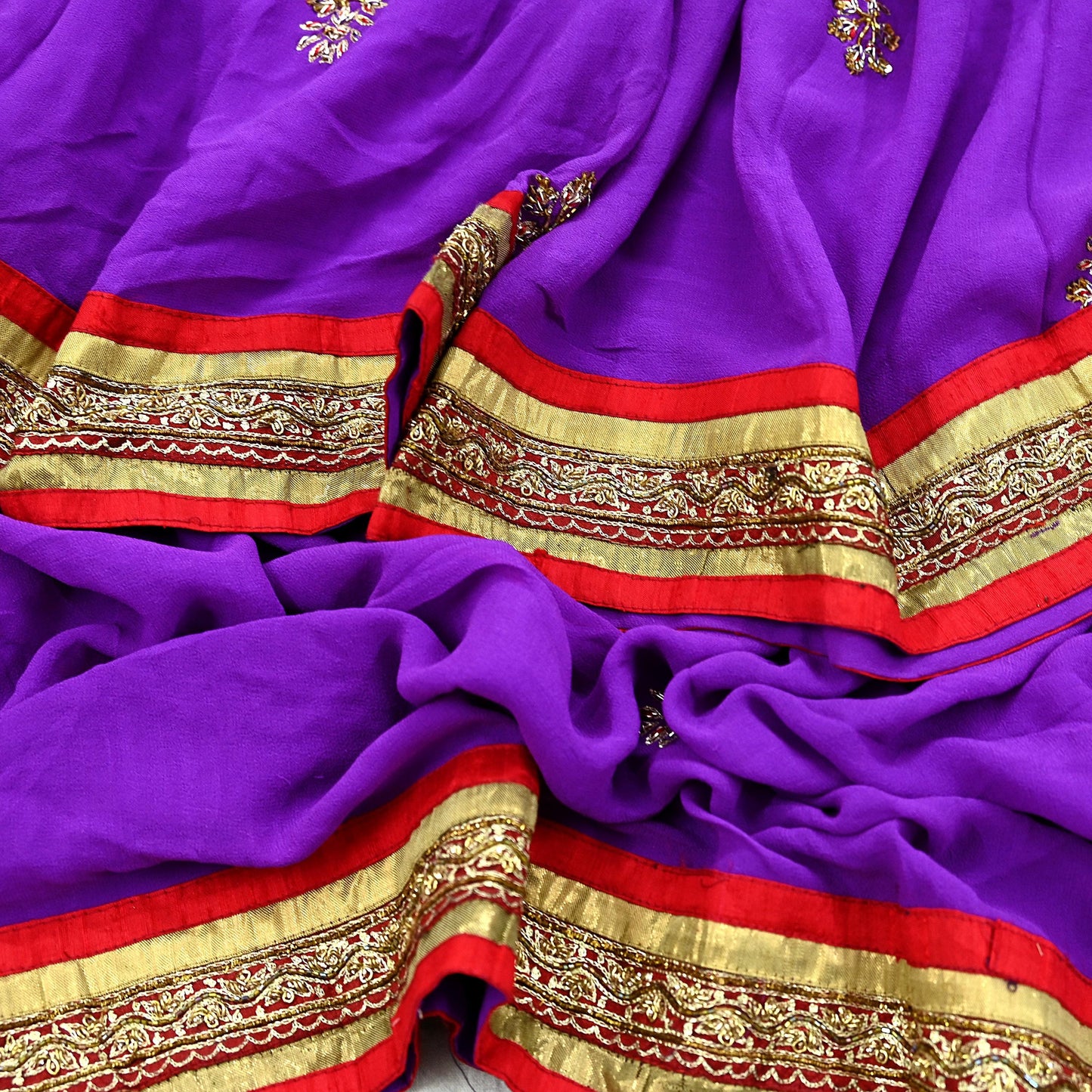 Indian Vintage Heavy Purple Dupatta Pure Georgette Silk Long Stole Hand Embroidered Scarves Zardozi