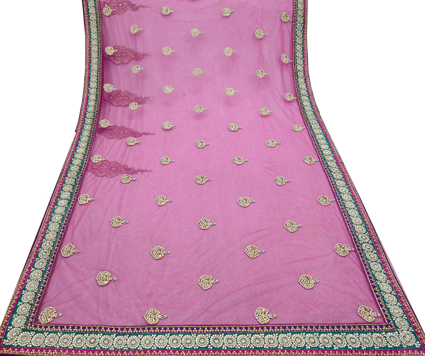 Indian Vintage Heavy Sari Purple Net/Mesh Embroidered Sarees Fabric 6Yd Sewing Soft Green Sequins Floral Zari Bridal/wedding Saris