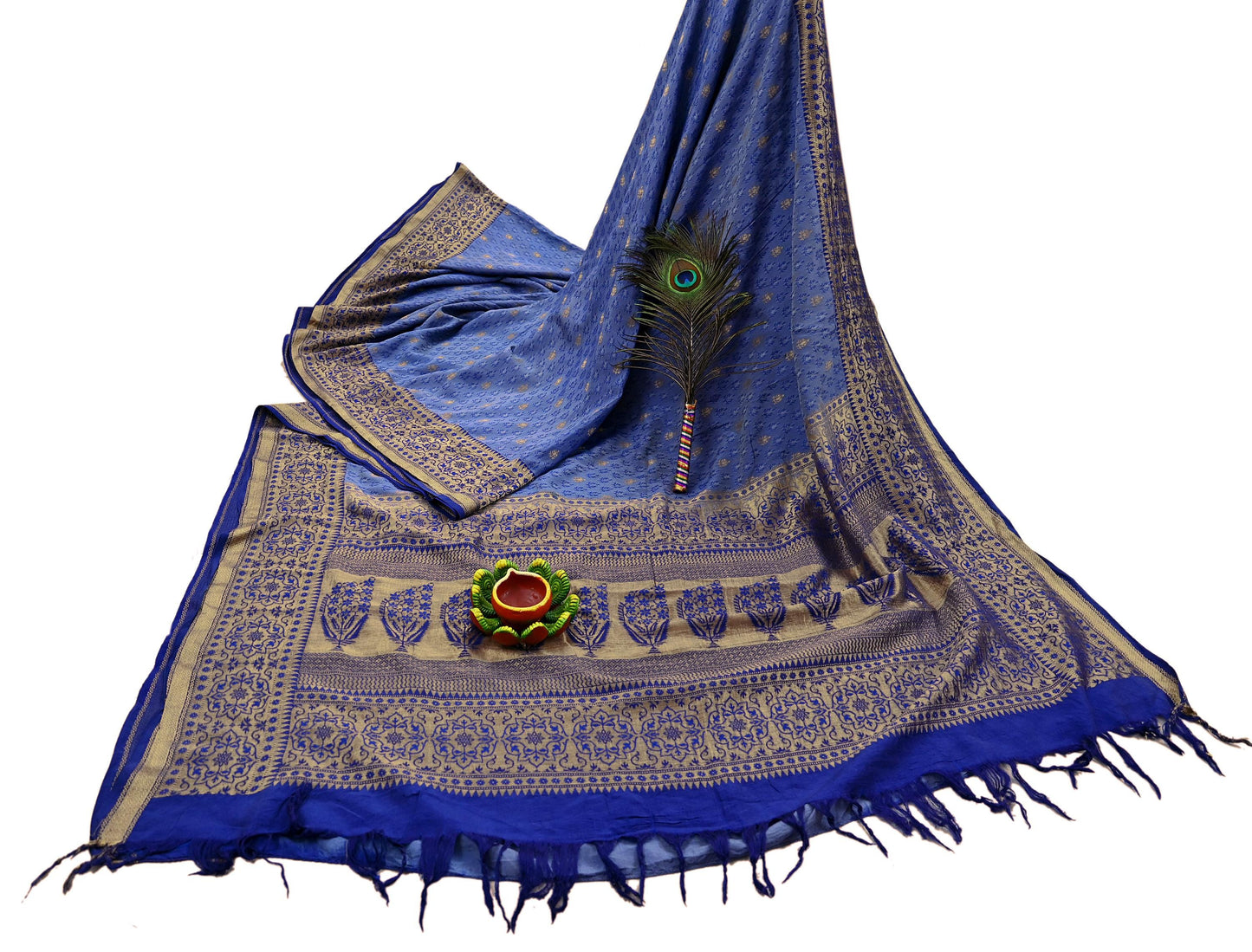 Indian Vintage Heavy Blue Saree Pure Silk Hand Woven Sari Craft Fabric 5Yd Sewing Soft Ethnic Zari Dress Making Wedding Sari