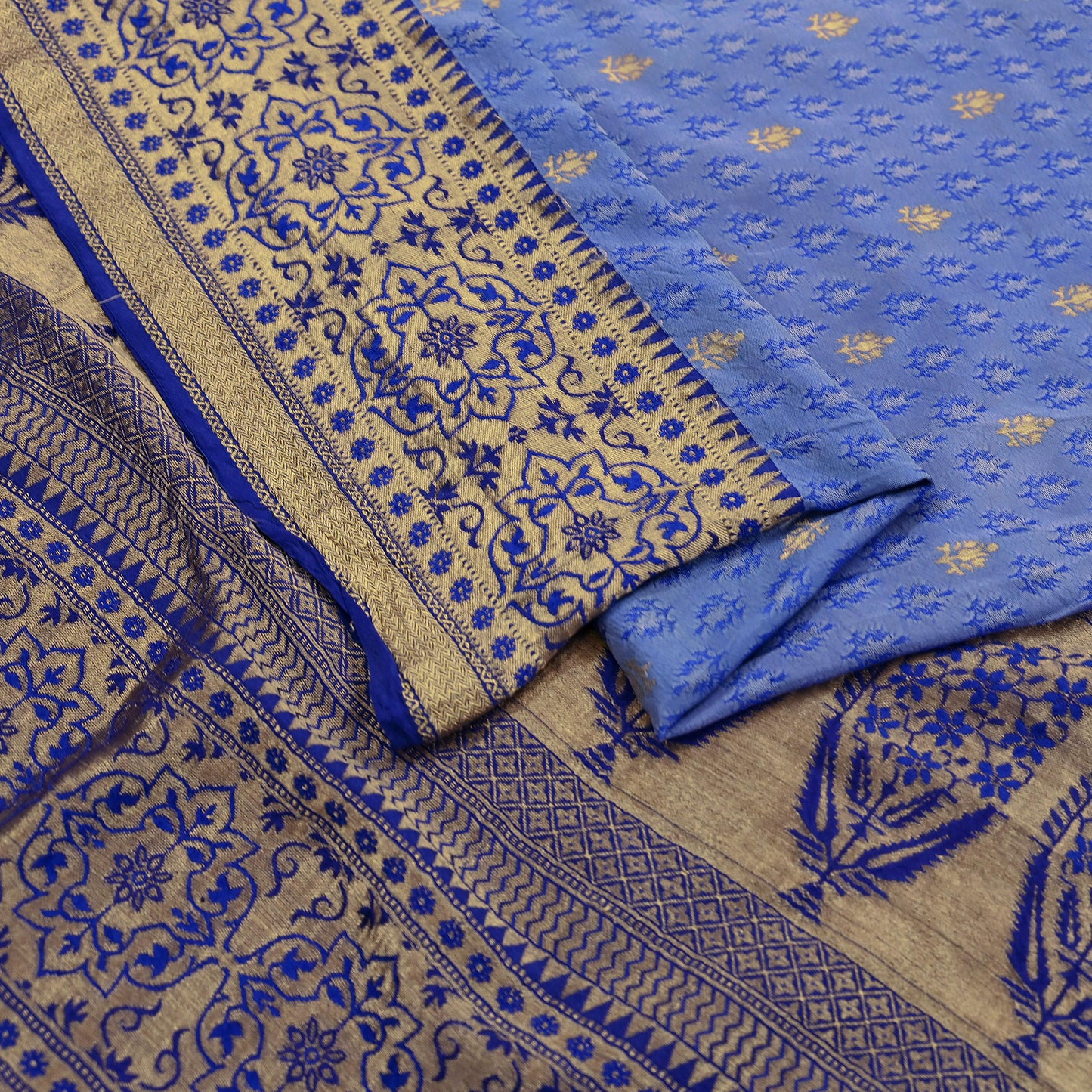 Indian Vintage Heavy Blue Saree Pure Silk Hand Woven Sari Craft Fabric 5Yd Sewing Soft Ethnic Zari Dress Making Wedding Sari