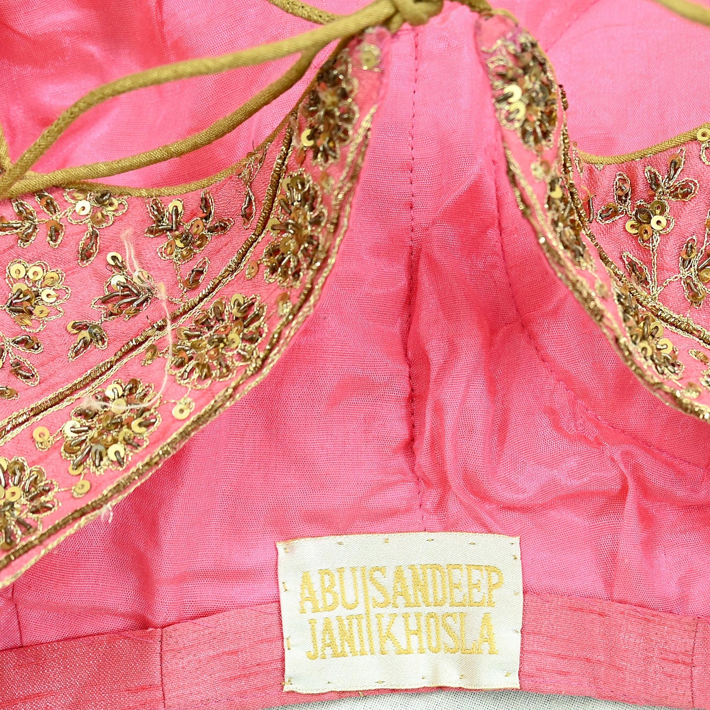 Indian Pre-owned Green & Pink Pure Chanderi Silk Hand Embroidered By Designer Abu Jani Padded Blouse/Top/Crop M Size Party wear Bollywood
