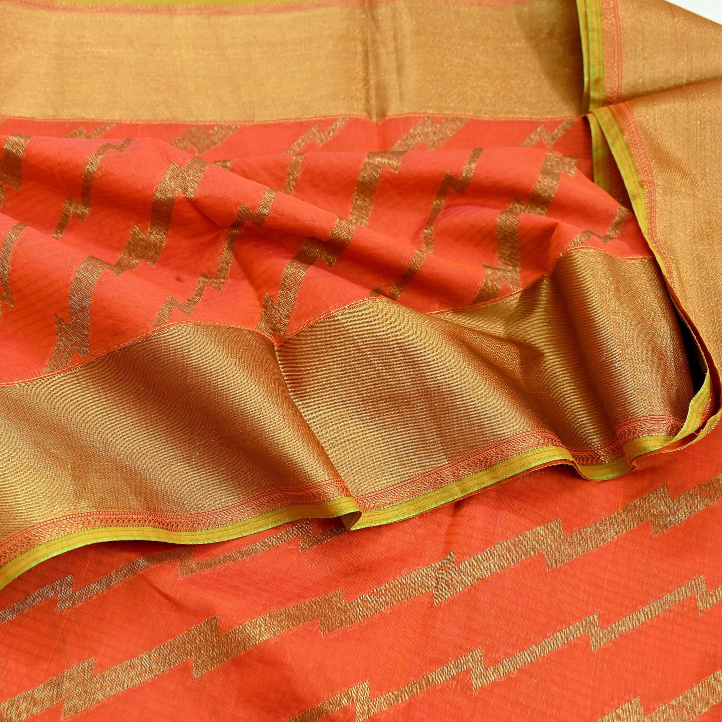 Indian Vintage Sari Orange Chanderi Cotton Hand Woven Sarees 5Yd Craft Fabric Sewing Sarong Dress Making Quilting Crafting Zari Border
