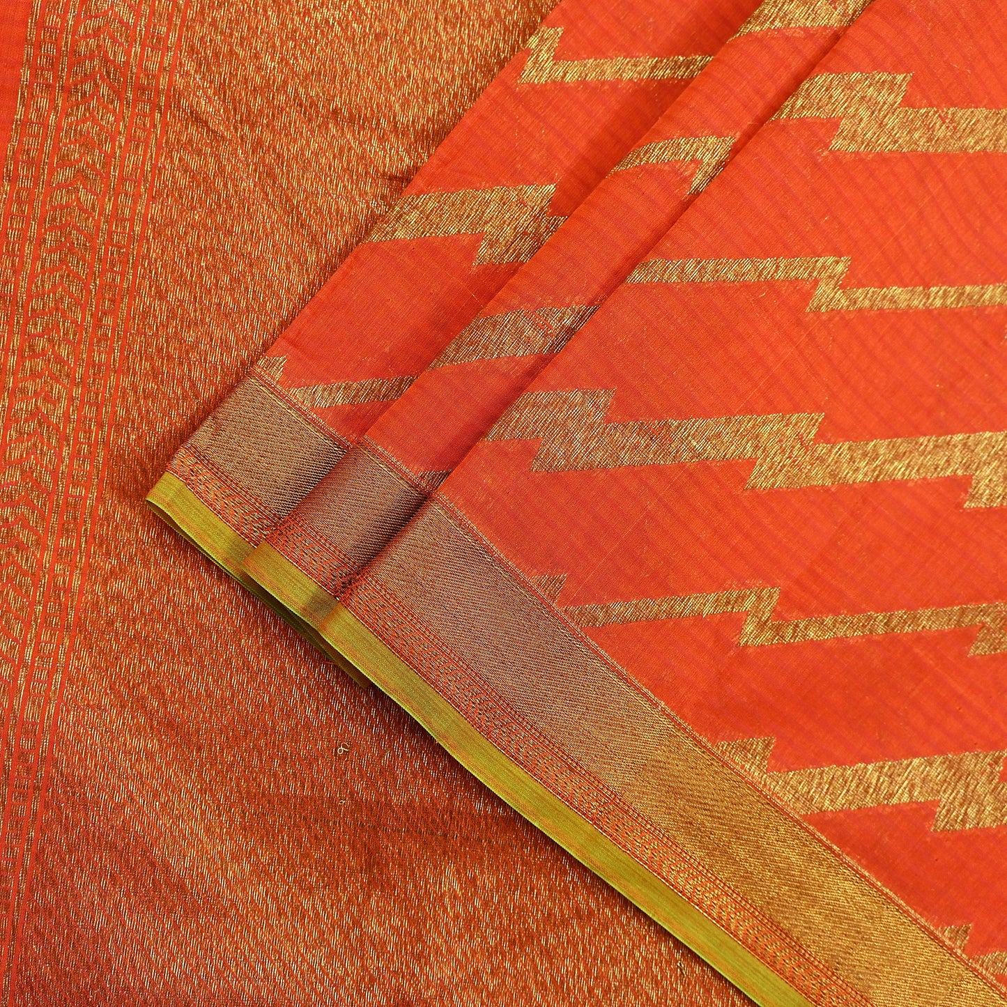 Indian Vintage Sari Orange Chanderi Cotton Hand Woven Sarees 5Yd Craft Fabric Sewing Sarong Dress Making Quilting Crafting Zari Border