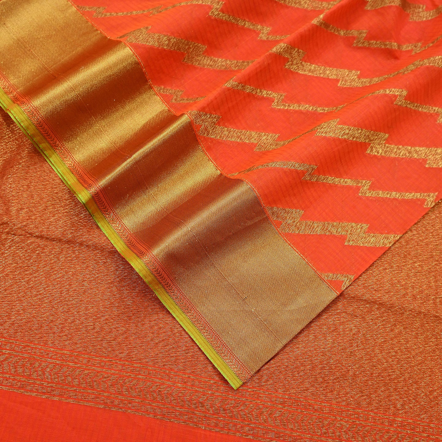 Indian Vintage Sari Orange Chanderi Cotton Hand Woven Sarees 5Yd Craft Fabric Sewing Sarong Dress Making Quilting Crafting Zari Border