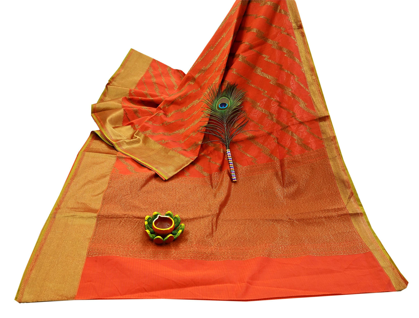 Indian Vintage Sari Orange Chanderi Cotton Hand Woven Sarees 5Yd Craft Fabric Sewing Sarong Dress Making Quilting Crafting Zari Border