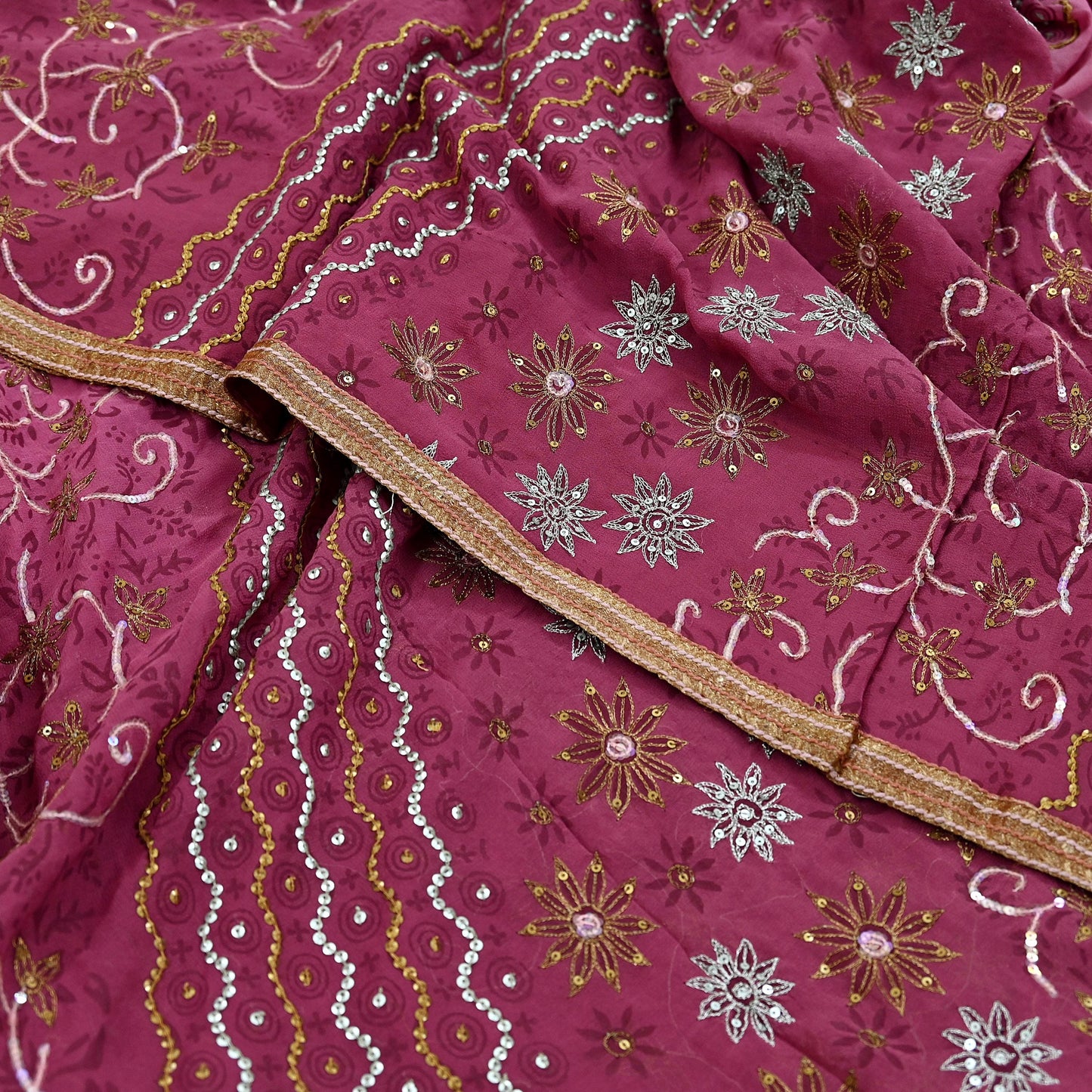 Indian Vintage Sari Pink Pure Georgette Silk Hand Embroidered Sarees Craft Fabric 6Yd Sewing Soft Ethnic Zardozi/Dabka,Zari Wedding Sarees