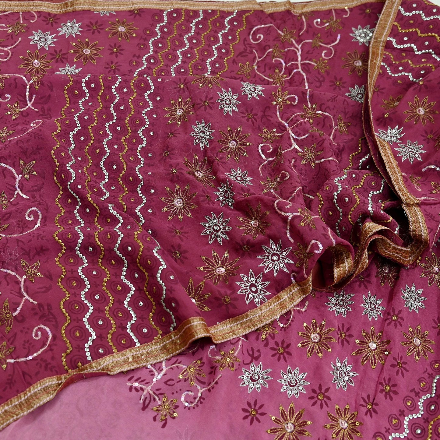 Indian Vintage Sari Pink Pure Georgette Silk Hand Embroidered Sarees Craft Fabric 6Yd Sewing Soft Ethnic Zardozi/Dabka,Zari Wedding Sarees