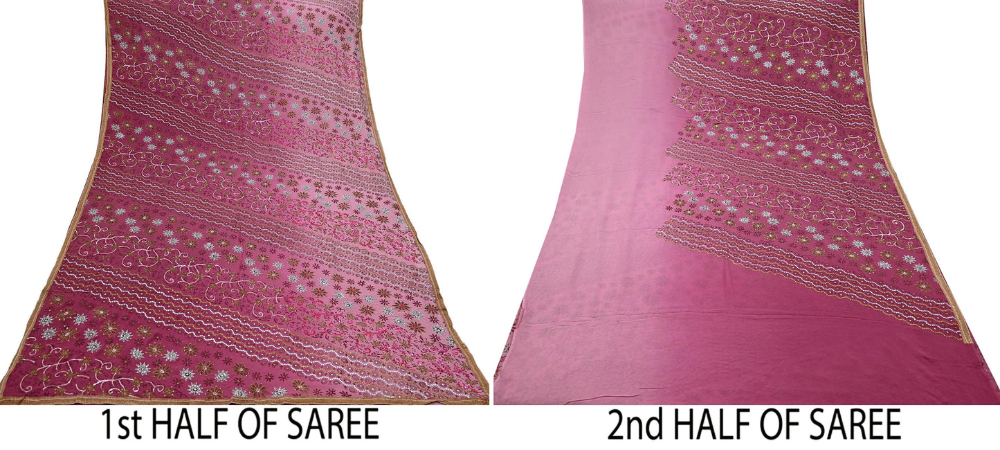 Indian Vintage Sari Pink Pure Georgette Silk Hand Embroidered Sarees Craft Fabric 6Yd Sewing Soft Ethnic Zardozi/Dabka,Zari Wedding Sarees