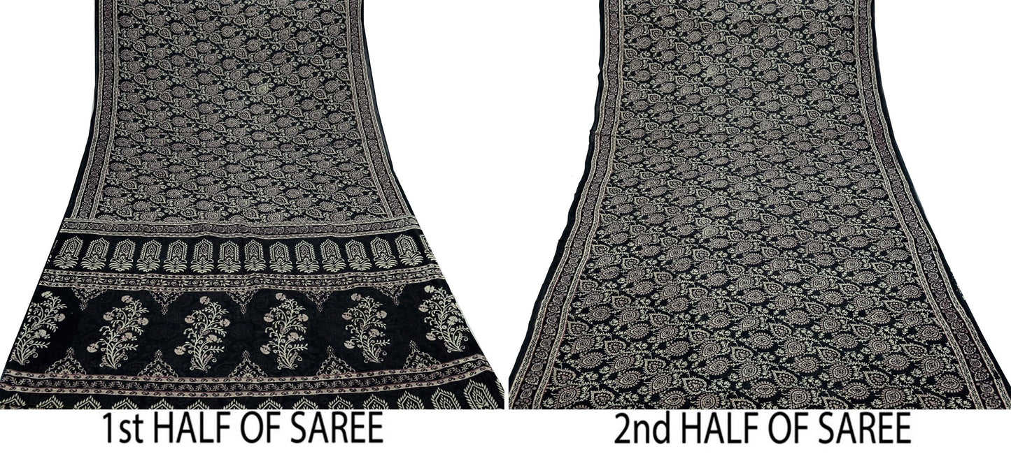 Indian Vintage Sari Black Printed 100% Pure Cotton Saree Craft Fabric 5Yard Sewing Sarong Wrap Boho Floral Dress Making Crafting Quilting