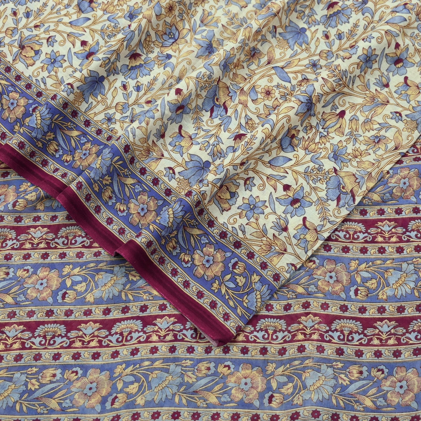 Indian Vintage Sari Ivory & Pink Printed Pure Cotton Saree Craft Fabric 5Yd Soft Sewing Sarong Wrap Boho Floral Dress making Crafting