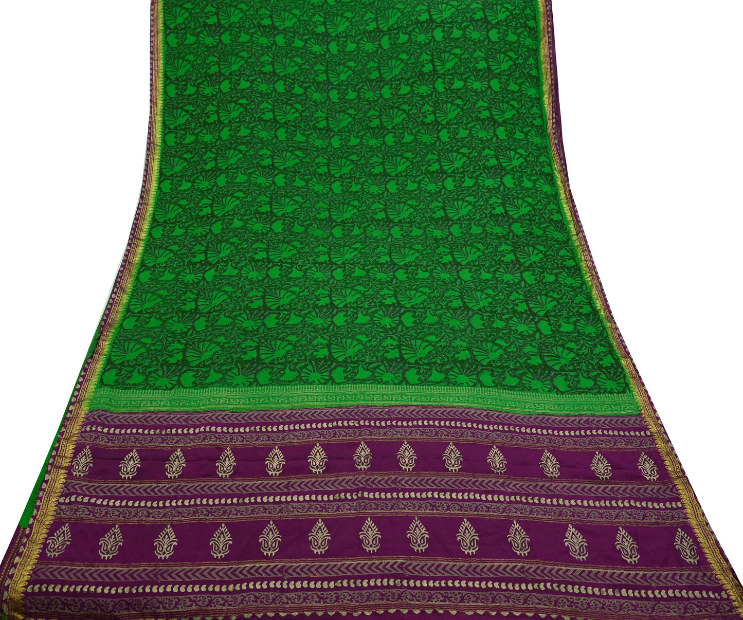 Indian Vintage Sari Green & Purple Pure Crepe Silk Hand Painted Saree 5yd Sewing Floral Craft Fabric Wrap Dress Making Quilting Crafting