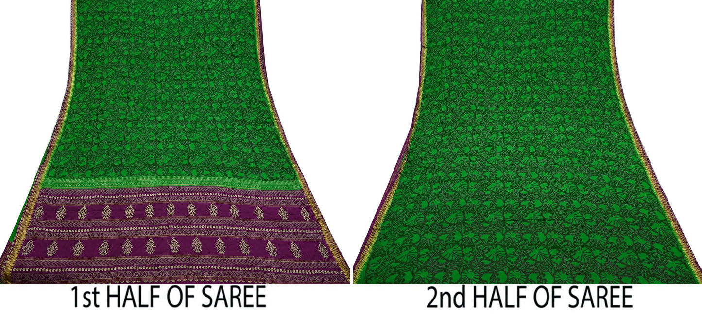 Indian Vintage Sari Green & Purple Pure Crepe Silk Hand Painted Saree 5yd Sewing Floral Craft Fabric Wrap Dress Making Quilting Crafting