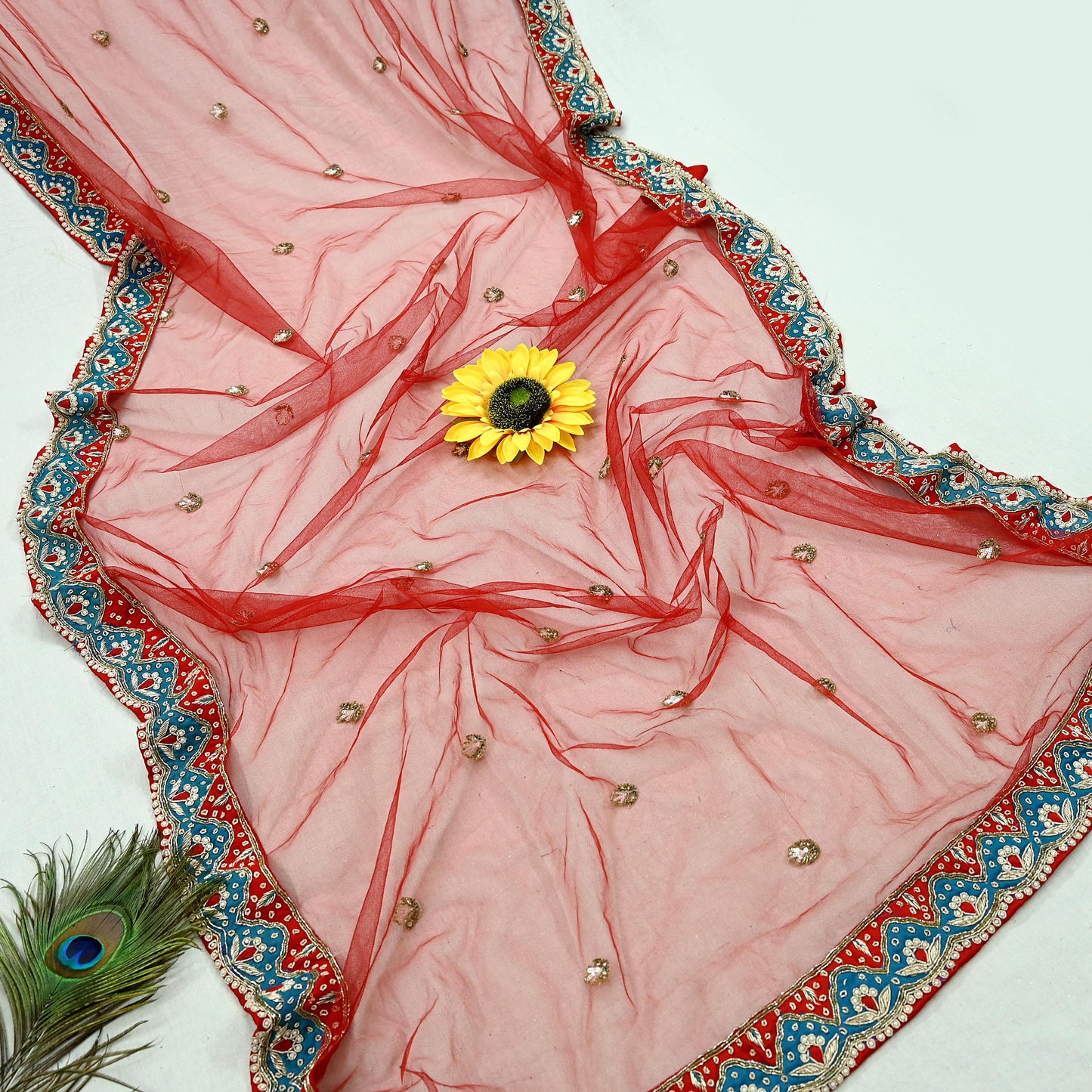 Indian Pre-owned Heavy Wedding Red Net/Mesh/ Velvet Hand Embroidered Lehenga/Dupatta Designer By Anamika Khanna Bridal Wear