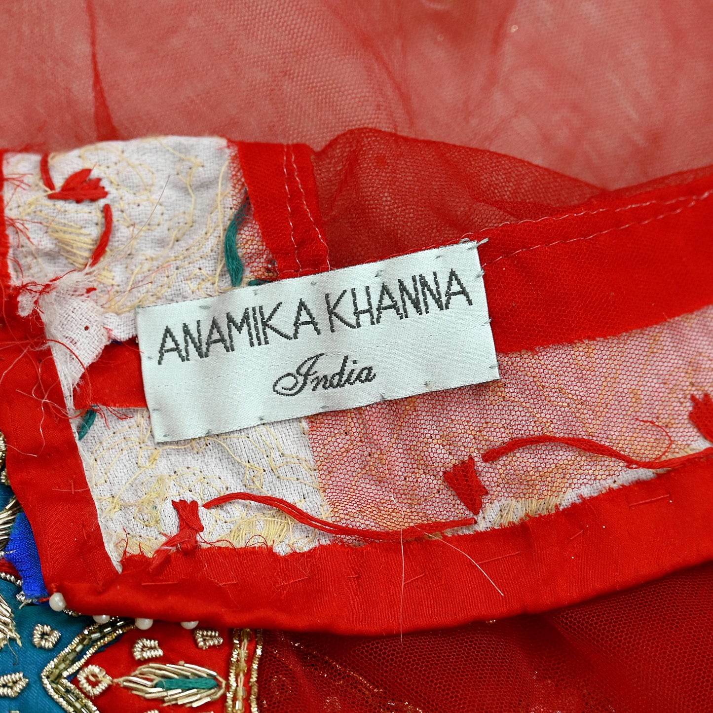 Indian Pre-owned Heavy Wedding Red Net/Mesh/ Velvet Hand Embroidered Lehenga/Dupatta Designer By Anamika Khanna Bridal Wear