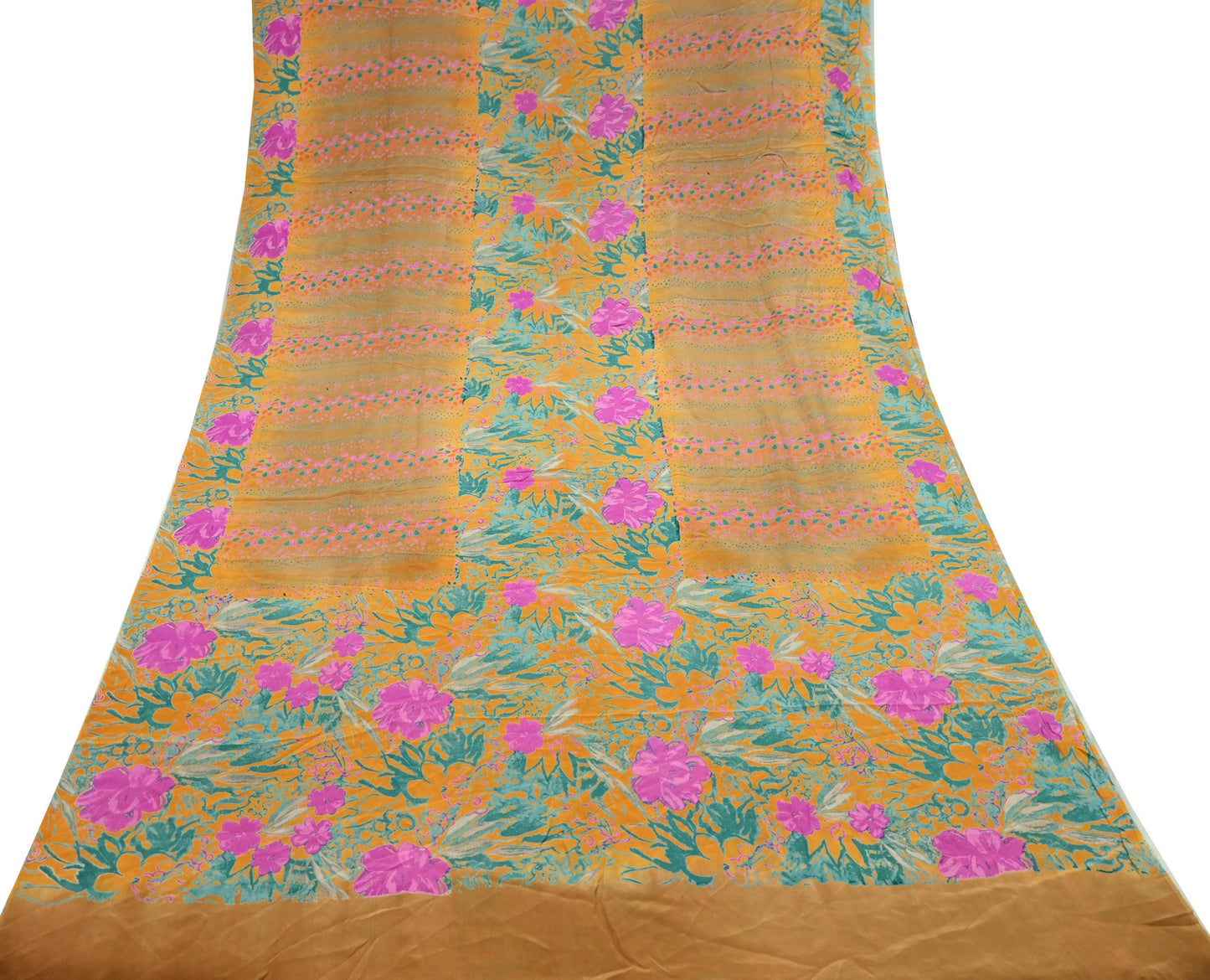 Indian Vintage Sari Beige Pure Crepe Silk Printed Sarees 5yd Sewing Floral Soft Craft Fabric Wrap Dress making Crafting Quilting Used