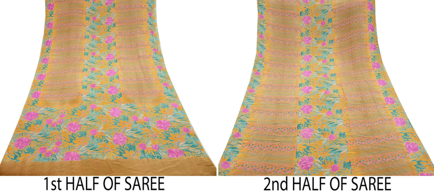Indian Vintage Sari Beige Pure Crepe Silk Printed Sarees 5yd Sewing Floral Soft Craft Fabric Wrap Dress making Crafting Quilting Used