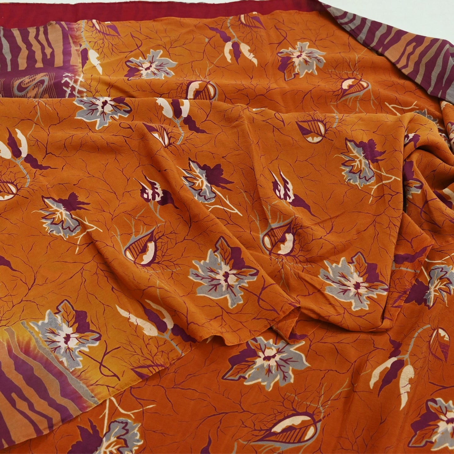 Indian Vintage Saree Pure Crepe Silk Block Printed Sari 5yd Sewing Floral Soft Craft Fabric Wrap Fashion Dress making Crafting