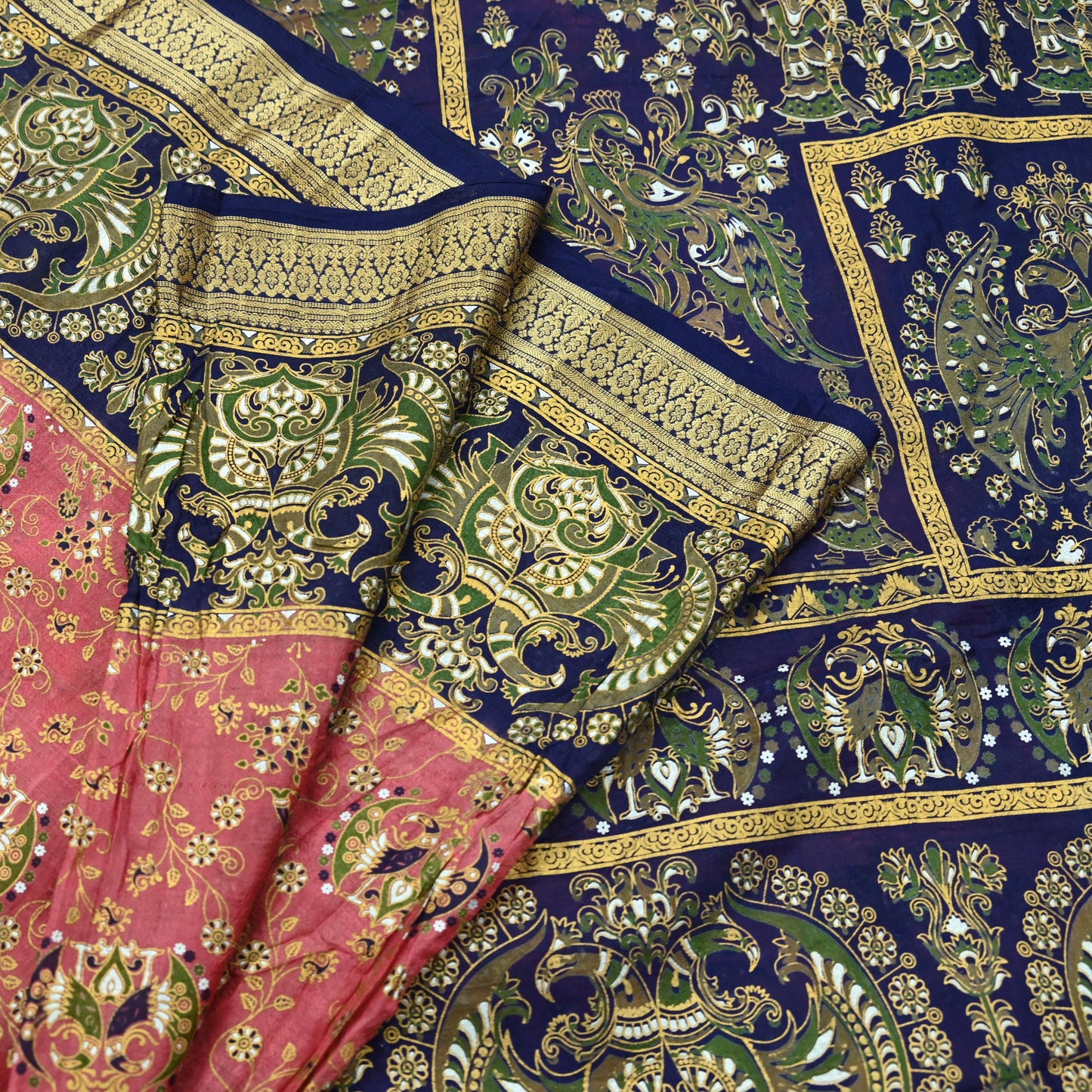 Indian Vintage Sari Peach & Blue 100% Pure Silk Painted Sarees 5yd Sewing Craft Fabric DressMaking Soft Wrap