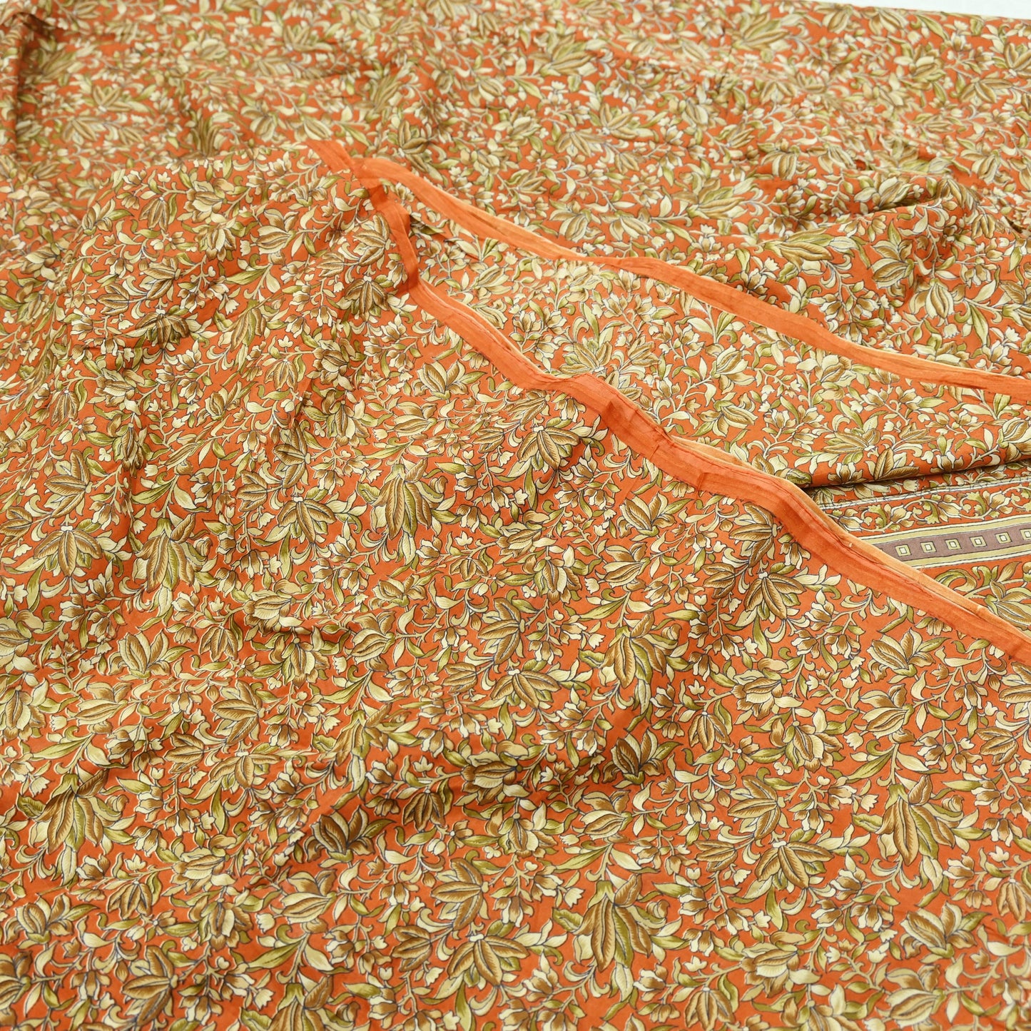 Indian Vintage Sari Orange 100% Pure Silk Printed Saree Craft Fabric 5yd Sewing Dress Making Soft Wrap Paisley Quilting Crafting Upcycle