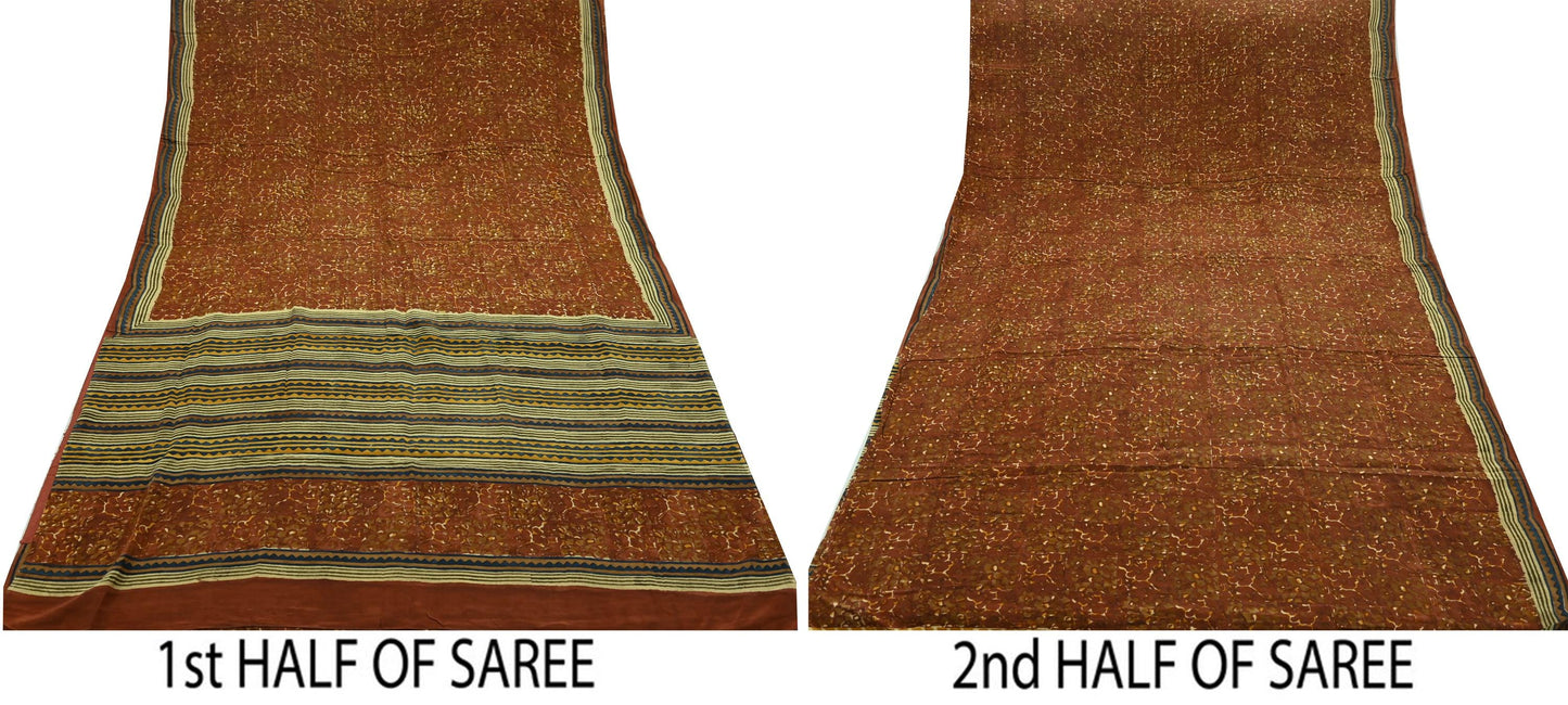 Vintage Indian Brown Crepe Silk Saree, Printed Floral Fabric 5yd