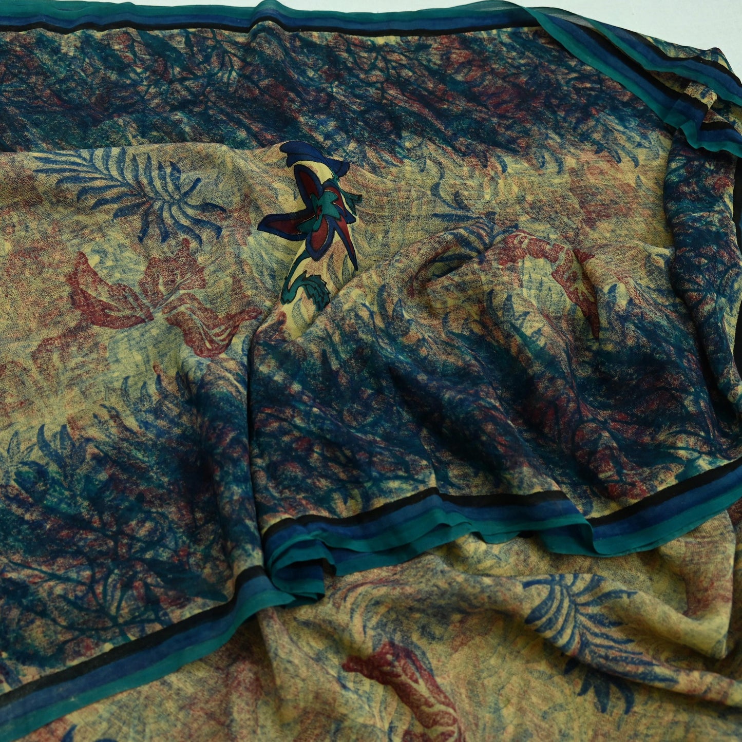 Women Vintage Sari Green Pure Georgette Silk Printed Saree Craft Fabric Sewing 5Yd Soft Light Dress Making Abstract Crafting Quilting