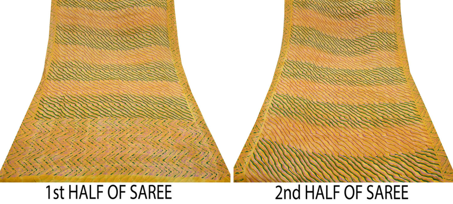 Women Indian Vintage Sari yellow Pure Georgette Silk Printed Sarees Craft Fabric Sewing 5Yd Soft Dress Making Quilting Crafting