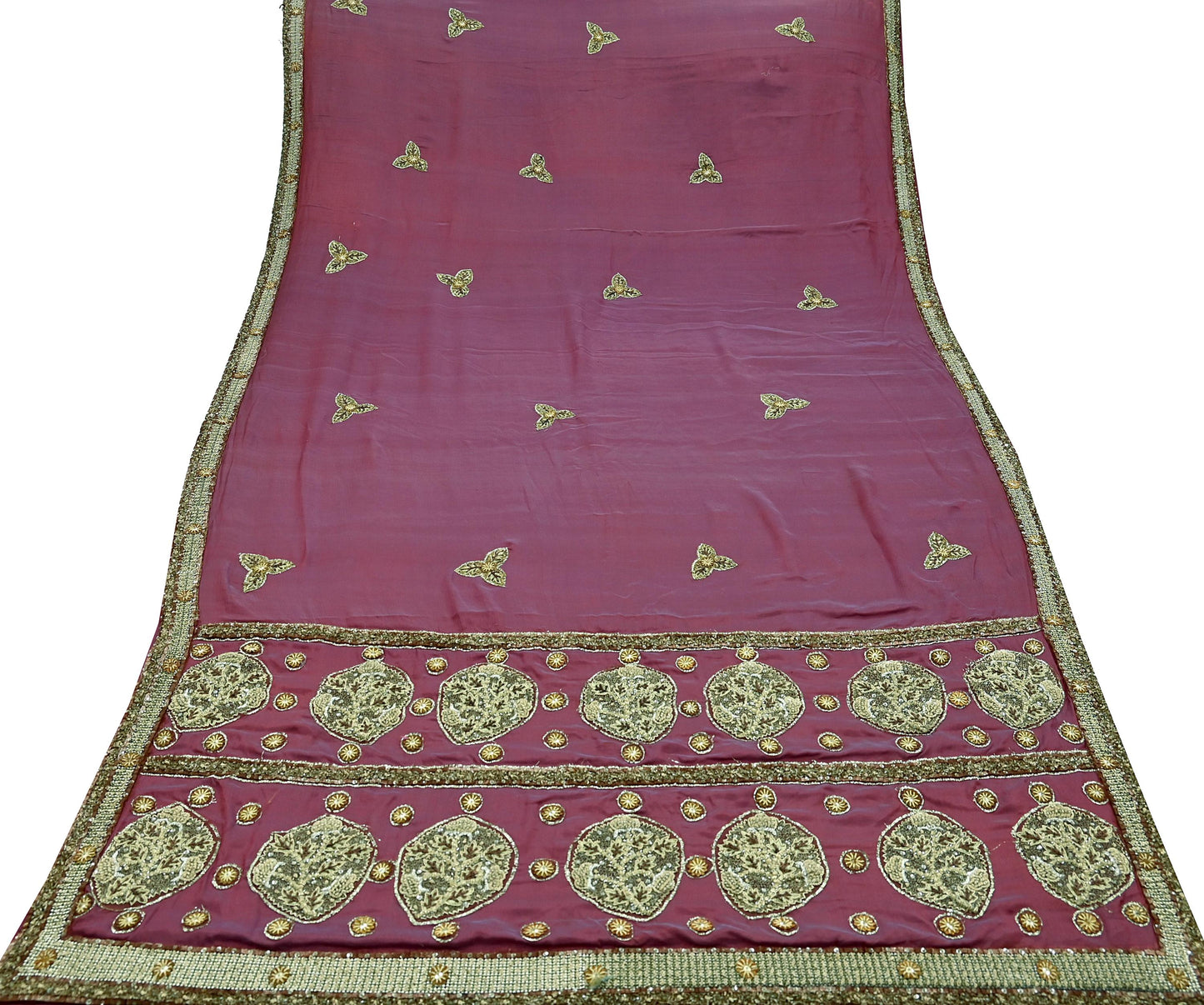 Indian Vintage Heavy Sarees Purple & Peach Pure Silk Hand Embroidered Sari Fabric 5Yd Sewing Ethnic Zardozi/dabka zari Wedding sarees