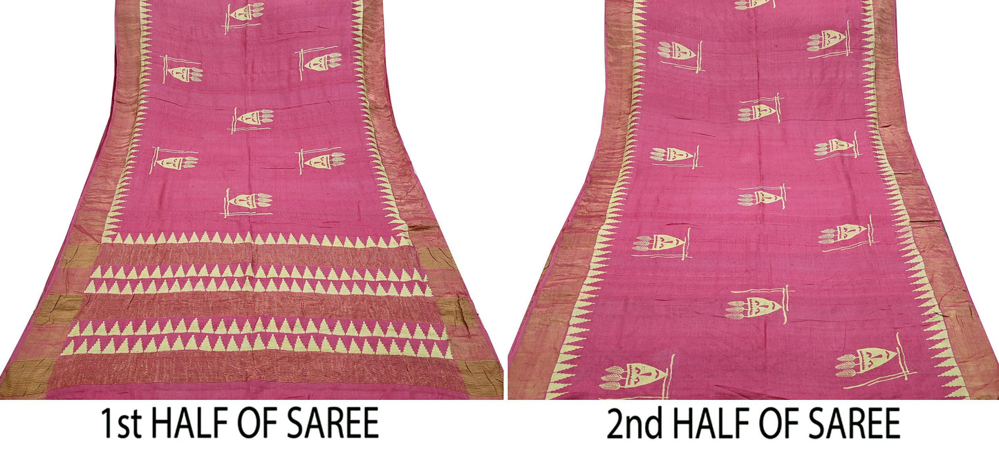 Indian Vintage Pink Saree Pure Khadi Silk Handloom Woven Zari Sari Craft Fabric 5yd Ethnic Wear Border Dress making Upcycle